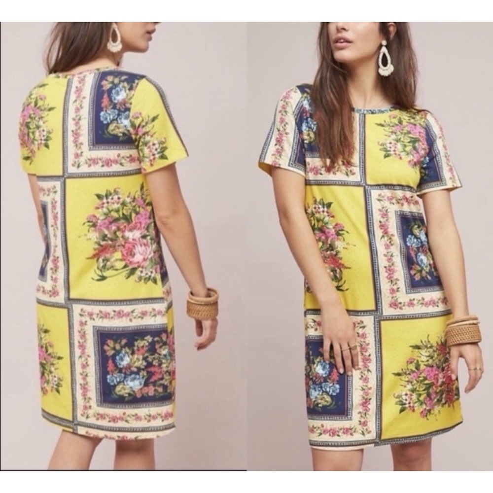Farm Rio Anthropologie Floral Shift Dress Yellow Patchwork Multi Mini Boho Sz M